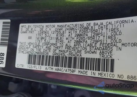 2012 Toyota Tacoma Base V6 from USA, damaged, VIN 3TMLU4EN2CM086636